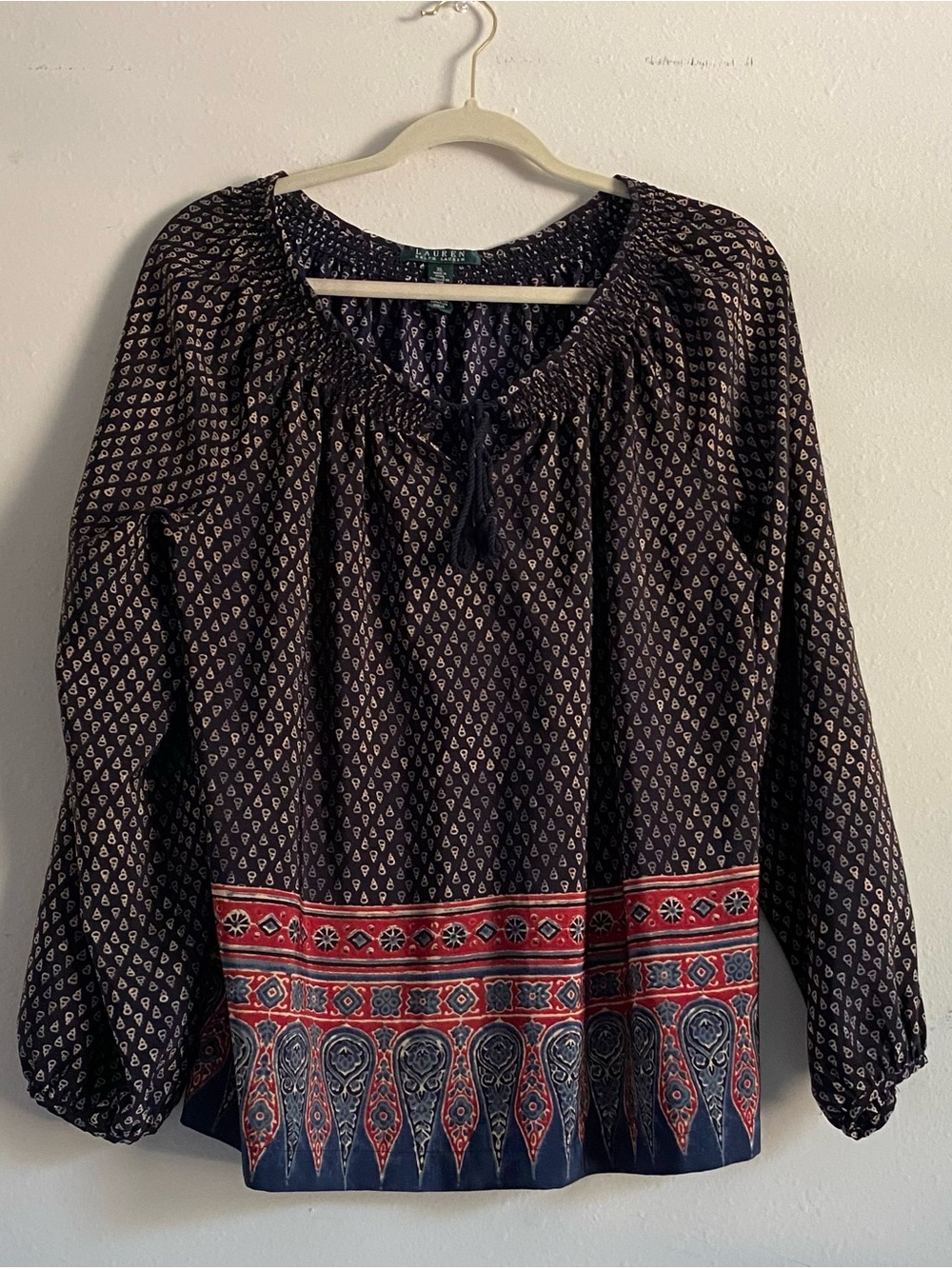Ralph Lauren Navy Boho Border-Print Peasant Top with Red Trim